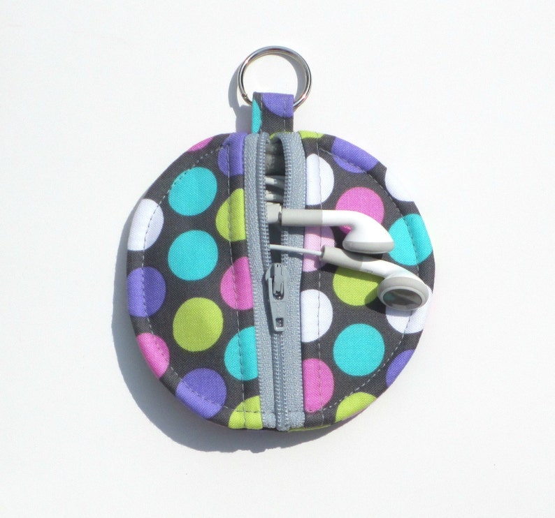 Purple Lime Green Diddly Dot Circle Zip Earbud Pouch Coin Purse Pink White Turquoise Polka Dots on Gray