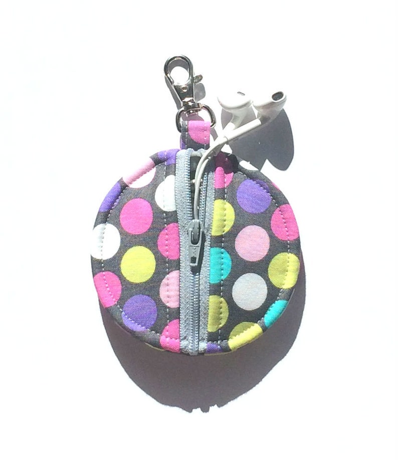 Purple Lime Green Diddly Dot Circle Zip Earbud Pouch Coin Purse Pink White Turquoise Polka Dots on Gray