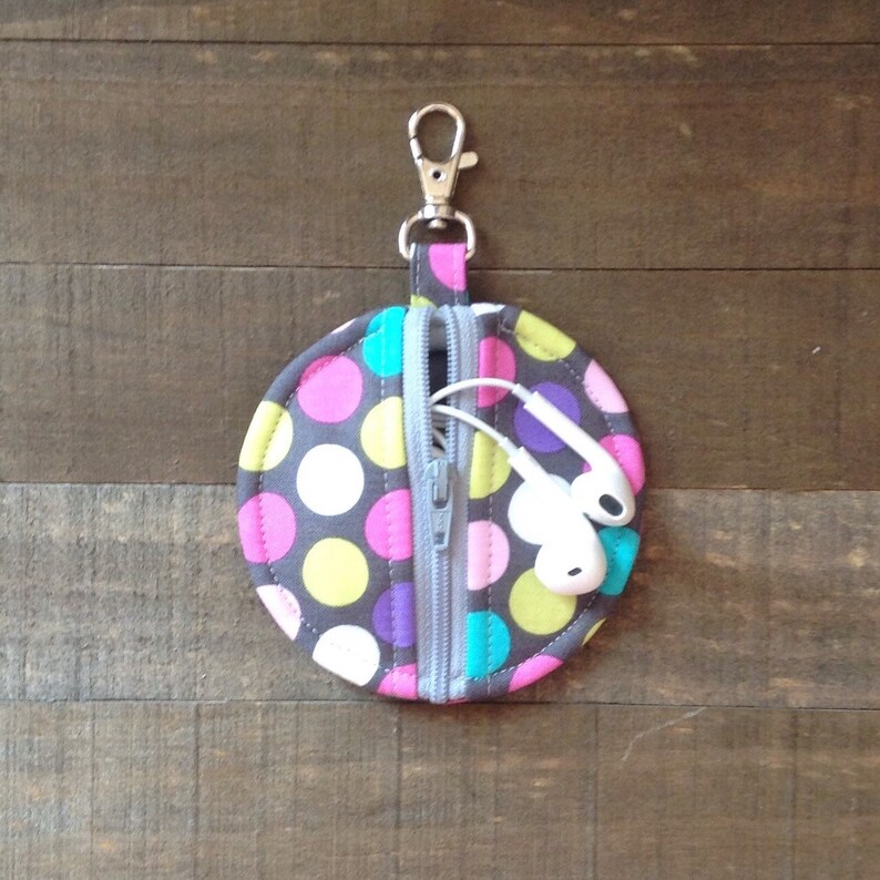 Purple Lime Green Diddly Dot Circle Zip Earbud Pouch Coin Purse Pink White Turquoise Polka Dots on Gray