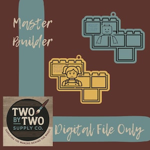 May include: Digital file with two toy block designs, one blue and one yellow, each with a "Master Builder" graphic. The image also includes the text "Digital File Only" and the logo for Two by Two Supply Co.