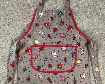 Child's pre school size fabric apron beige/brown robots toddler gift