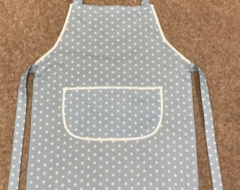Child's gift cooking craft fabric apron approx age 7-9  light blue little stars