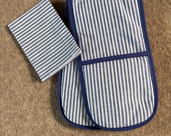 Toy Oven Glove and Tea Towel. Home corner toy kitchen. Blue stripe