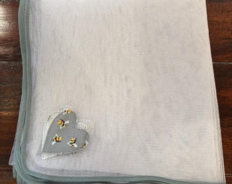 Large Net food cover insect protection grey bee print  heart and trim. Food hygiene cover. Baking cover 60” square