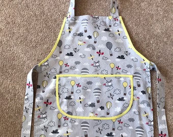 Child's pre school size fabric apron grey with aeroplanes toddler gift