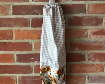 Fabric Carrier bag holder storage tidy. Beige gingham sunflower print trim Handmade