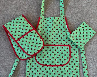 Toy Oven Glove, Tea Towel and Apron Gift Set. Home corner toy kitchen planes hot air balloons print toddler gift,