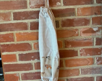 Fabric Carrier bag holder storage tidy. Beige gingham dogs and puppies trim Handmade
