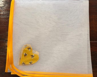 Large Net food cover insect protection yellow bee print  heart and trim. Food hygiene cover. Baking cover 60” square