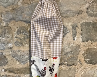 Fabric Carrier bag holder storage tidy. Cream beige gingham with hen chicken trim. Handmade