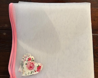 Large Net food cover insect protection light pink heart and trim. BBQ fly wasp protector. Food hygiene cover. Baking cover 60” square