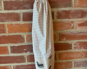 Fabric Carrier bag holder storage tidy. Beige gingham dachshund sausage dog trim Handmade