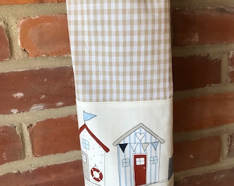 Fabric Carrier bag holder storage tidy. Beige gingham blue beach hut trim Handmade