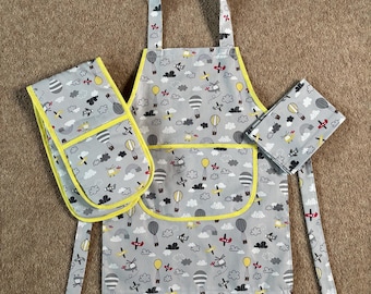 Toy Oven Glove, Tea Towel and Apron Gift Set. Home corner toy kitchen planes hot air balloons print toddler gift,