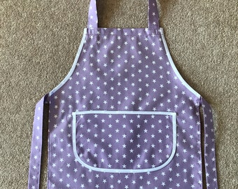 Child's gift cooking craft fabric apron approx age 4-6 lilac little stars