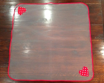 Net food cover insect protection red heart and trim. BBQ fly wasp protector. Food hygiene cover. Baking cover