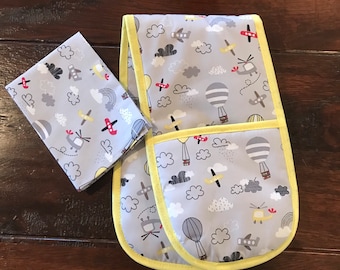 Toy Oven Glove and Tea Towel. Home corner toy kitchen. Grey with planes and hot air balloon’s