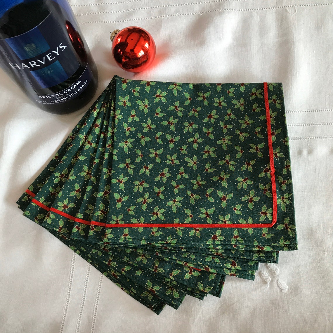 Set of six cotton fabric Christmas napkins with ribbon trim Etsy