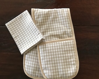 Toy Oven Glove and Tea Towel. Home corner toy kitchen beige gingham  toddler gift,