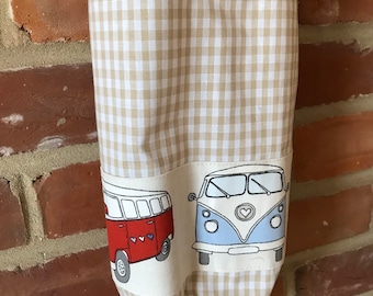 Fabric Carrier bag holder storage tidy. Beige gingham camper van trim Handmade