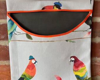 Strong country look peg bag grey colourful birds parrots . Washing laundry