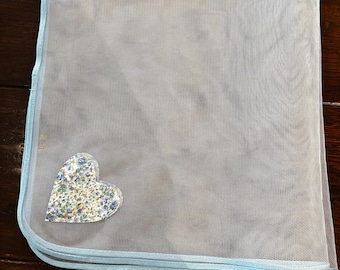 Net food cover insect protection light blue heart and trim. BBQ fly wasp protector. Food hygiene cover. Baking cover