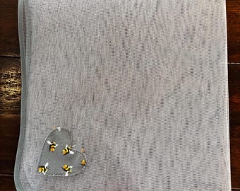 Net food cover insect protection grey bee print heart and grey  trim. BBQ fly wasp protector. Food hygiene cover. Baking cover 30” square