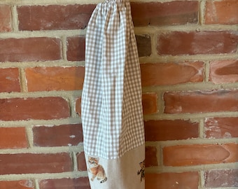 Fabric Carrier bag holder storage tidy. Beige gingham cats and kittens trim Handmade