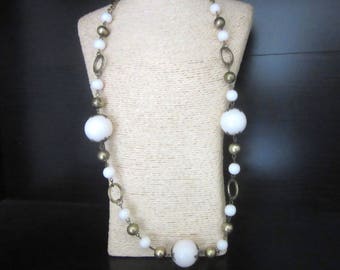 Long MOD Lucite Necklace White & Metallic Gold Beads Metal Strung Single Strand 29 - 31 Inches