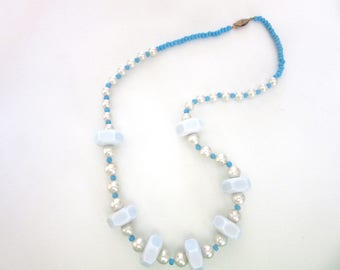 Long Chunky Necklace Lucite Hexagon Beads & Glass Pearls 22 Inches Vintage Retro