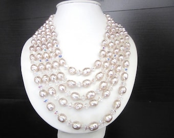 Baroque Cultured Freshwater Pearl Necklace & Crystals Multistrand Mid Century Retro Old Hollywood Glam