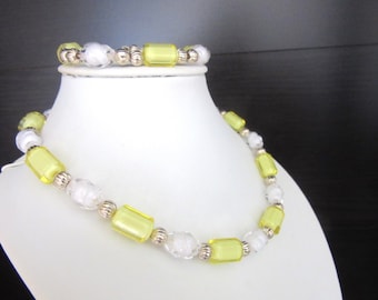 Lucite Bead Necklace or Choker with Bracelet & Earrings Lemon Yellow and White Size Small/Medium