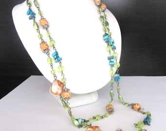 Extra Long Flapper Necklace Multicolor MOP & Faceted Lucite Beads Single Strand Metal Strung 52 Inches