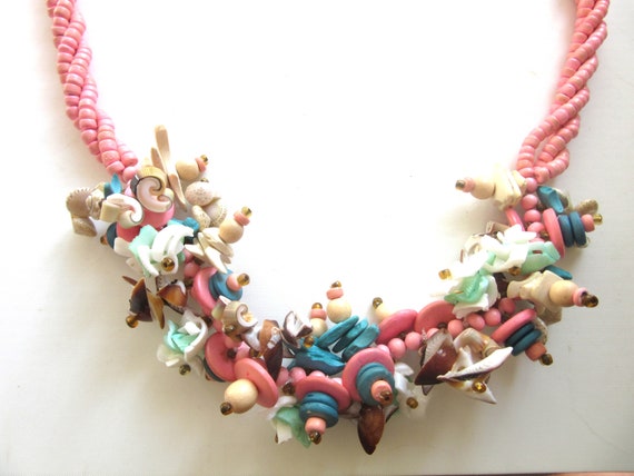 Long Sea Shell Necklace Braided Wood Beads Bubble… - image 2