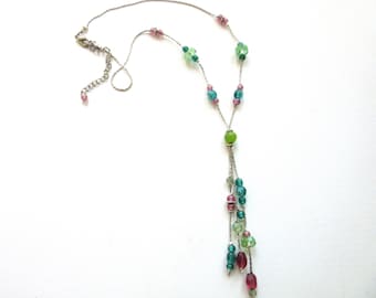 Glass Bead Tassel Necklace Silvertone Chain 18 - 21 Inches Multicolor