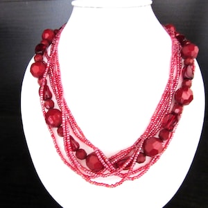 Torsade Necklace Multistrand Faceted Resin Beads AB Fuchsia Pink Glass Seed Beads 16 - 18 Inch