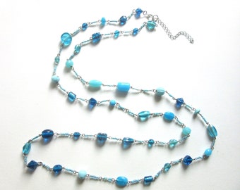 Extra Long Necklace Blue Venetian Glass Beads Single Strand Metal Strung 46 - 48 Inches