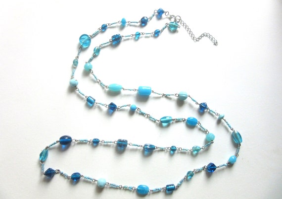 Extra Long Necklace Blue Venetian Glass Beads Sin… - image 1