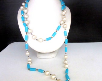 Extra Long Necklace Pearl & Turquoise Color Beads Metal Strung 46 - 48.5 Inches