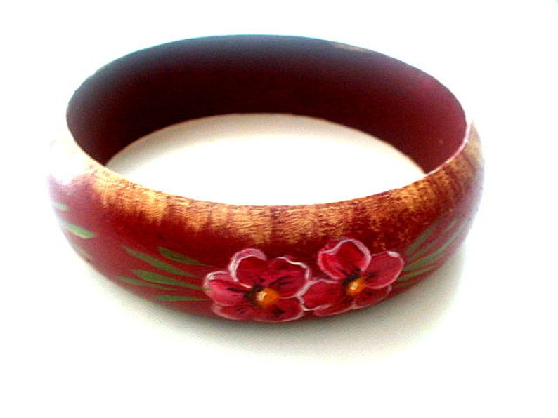 Wood Bangle Hand Painted Wine Red /& Gold Flowers