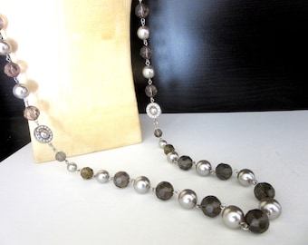 Extra Long Necklace Metallic Silver Beads Smoky Gray Faceted Lucite Beads & Rhinestones Metal Strung 37 - 40 Inches