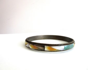 Antique Deco Bangle Silver & Celluloid Multicolor Harlequin Design