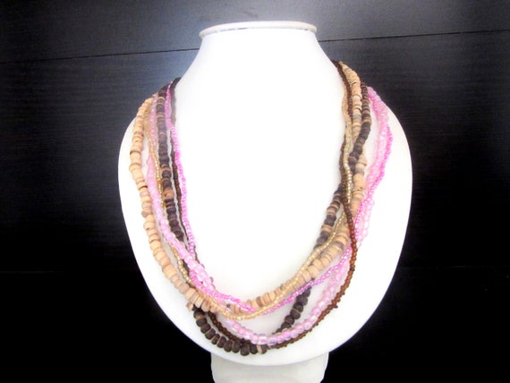 Glass & wood Bead Necklace Multistrand Pink Brown… - image 2