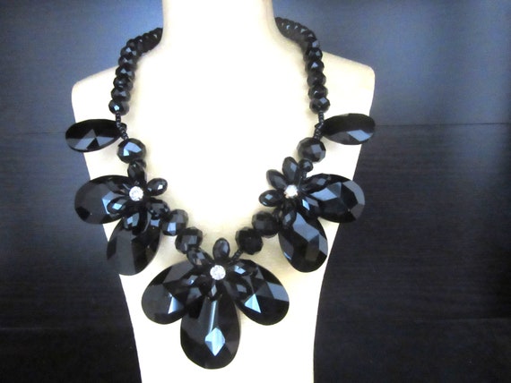 Jet black chuncky glass beaded necklace with jet black chain
