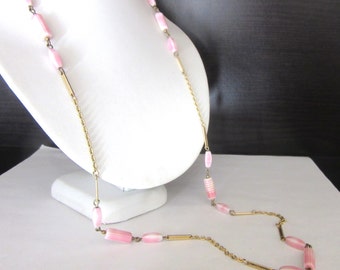 Long Deco Flapper Necklace Pink Marbled Poured Glass Beads Brass Chain 30 Inches