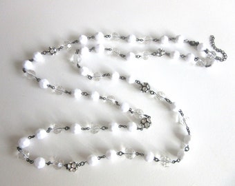 Extra Long Necklace Faceted Lucite Clear Ice & White Beads with Rhinestones 49 - 52.5 Inches