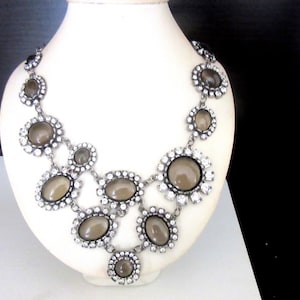 Spectacular Rhinestone Bib Necklace with Smoky Gray Lucite Cabochons 19 - 22 Inches