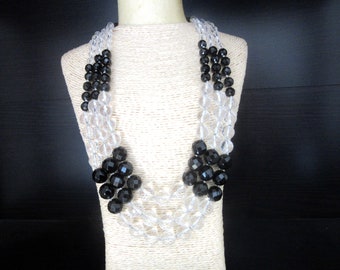 French Jet & Crystal Quartz Necklace Micro Faceted Graduated Beads Individually Knotted Triple Strand Silver 925 Clasp