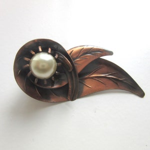 Large Copper Brooch Swirled Leaf Claw Set Glass Pearl