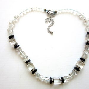 Crystal Quartz Necklace & Black Faceted Glass with Rhinestone Roundels 16 - 19 Inches Retro Vintage